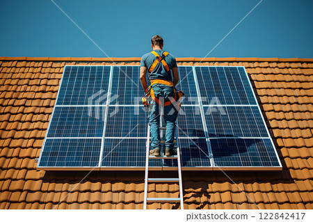 solar technician inspecting rooftop panels on terracotta tiles under clear blue sky, ensuring optimal energy efficiency and system performance 122842417