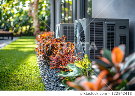 outdoor air conditioning units surrounded by vibrant plants and green grass, showcasing energy efficiency and modern landscaping 122842418