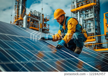 worker installing solar panels on industrial site with modern infrastructure in background 122842457