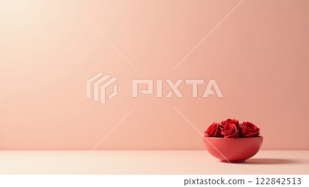 Butons of roses in a red bowl on a pink background. Minimalism. 122842513