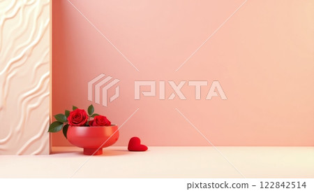 Butons of roses in a red bowl on a pink background. Minimalism. 122842514