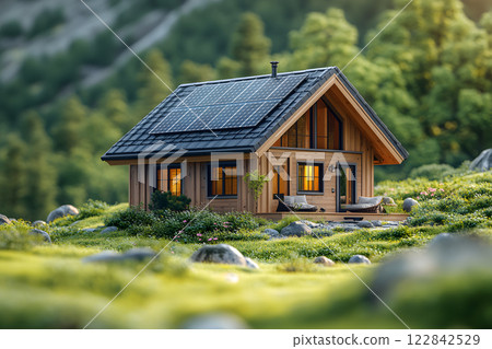 tiny wooden house with solar panels on the roof, surrounded by lush greenery and blooming flowers in a peaceful mountain landscape 122842529