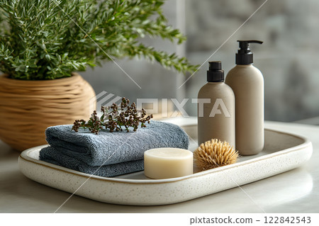 spa tray with natural skincare products, soft towel, soap, and wooden brush, creating a calming bathroom decor with a touch of greenery spa tray with natural skincare products, soft towel, soap, and wooden brush, creating a calming bathroom decor with a touch of greenery 122842543