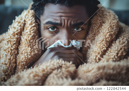 sick young Black man wrapped in a fluffy blanket, holding a tissue to his nose, looking miserable at home sick young Black man wrapped in a fluffy blanket, holding a tissue to his nose, looking miserable at home 122842544