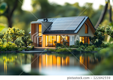 miniature eco house with solar panels by the lake, warm interior lighting reflecting in water, surrounded by greenery 122842559