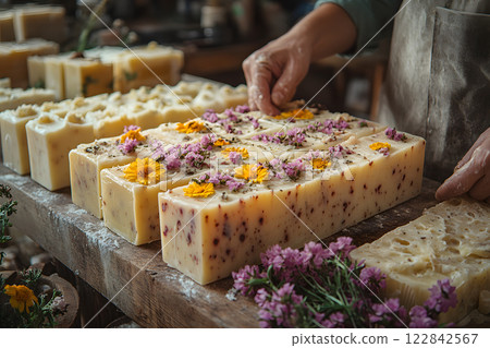 handcrafted artisan soap infused with dried flowers and herbs, carefully prepared in a rustic workshop for skincare  122842567