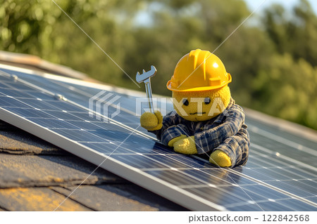 plush toy in yellow helmet installing solar panel with wrench on rooftop under sunlight 122842568