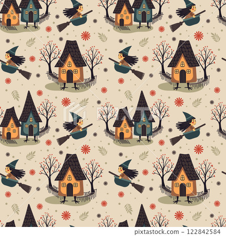 a little witch flies on a broom against the backdrop of houses. seamless vector pattern a little witch flies on a broom against the backdrop of houses. seamless vector pattern 122842584