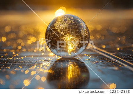glass globe reflecting golden sunlight on wet solar panels, symbolizing global renewable energy 122842588