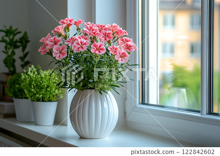 pink flowers in white vase on windowsill with blurred cityscape in background and soft natural light pink flowers in white vase on windowsill with blurred cityscape in background and soft natural light 122842602