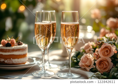 elegant champagne glasses on a romantic celebration table with a cake and roses in warm sunlight 122842611
