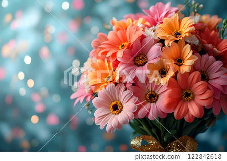 elegant bouquet of pink and orange daisy flowers tied with a golden ribbon, with soft confetti falling against a dreamy blue background, creating a festive atmosphere 122842618