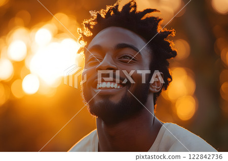 happy Black man with a beard smiling in warm golden sunlight, enjoying a beautiful outdoor moment 122842736