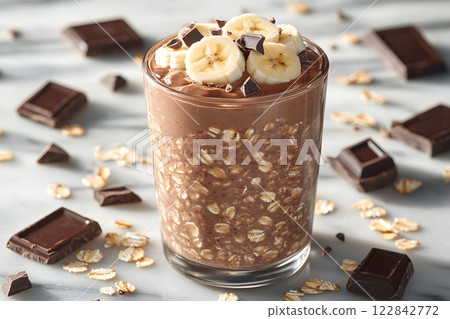 overnight oats with chocolate shake, banana slices, and chocolate chunks served in a glass on a marble surface with scattered oats and chocolate pieces 122842772