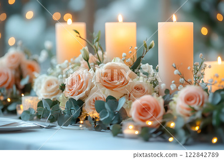 elegant table setting with glowing candles and delicate peach roses, creating a romantic and sophisticated ambiance for a special event or wedding elegant table setting with glowing candles and delicate peach roses, creating a romantic and sophisticated ambiance for a special event or wedding 122842789