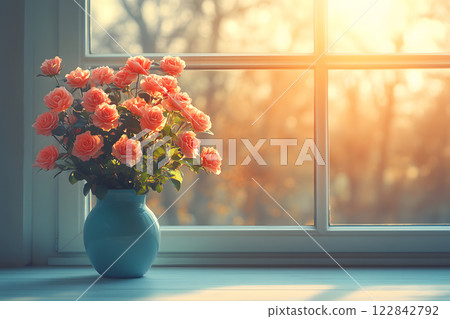 bouquet of peach roses in blue vase by window with golden sunlight and soft blurred background 122842792