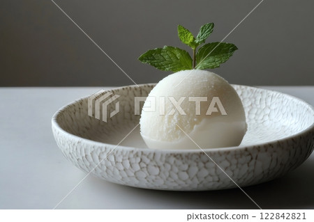 Scoop of refreshing coconut ice cream decorated with mint leaves Scoop of refreshing coconut ice cream decorated with mint leaves 122842821