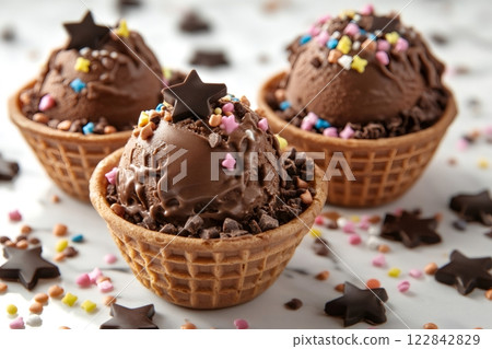 Chocolate ice cream scoops decorated with colorful sprinkles and chocolate stars sitting in waffle bowls 122842829