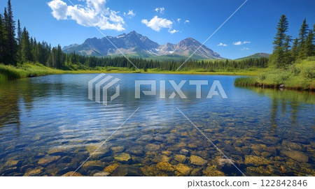 Crystal clear mountain lake reflecting majestic peaks and lush forest 122842846