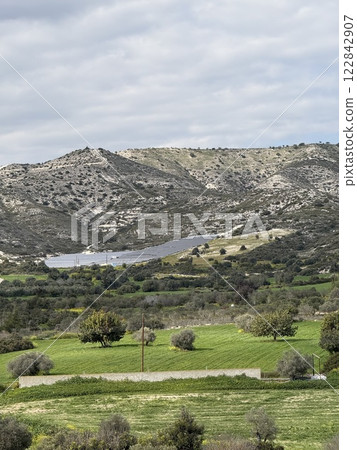 Alternative types of electricity generation, solar panels, wind power generation. Electricity production system from natural sources, renewable energy. Alternative types of electricity generation, solar panels, wind power generation. Electricity production system from natural sources, renewable energy. 122842907