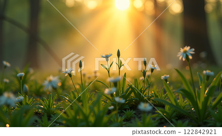 wildflowers blooming in the morning sunlight in a forest meadow, bathed in golden rays, symbolizing renewal, growth, and the peaceful beauty of nature awakening 122842921