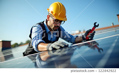 technician in yellow helmet and gloves repairing solar panel with wrench on rooftop under bright blue sky, ensuring efficient energy production 122842922