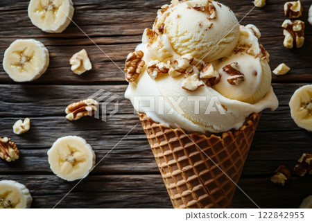 Banana Ice Cream with Walnuts in Waffle Cone on Rustic Wooden Table Banana Ice Cream with Walnuts in Waffle Cone on Rustic Wooden Table 122842955