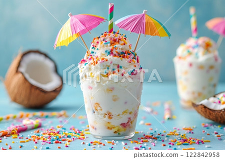 Coconut Ice Cream Sundae Decorated with Colorful Sprinkles and Paper Umbrellas for Summer 122842958