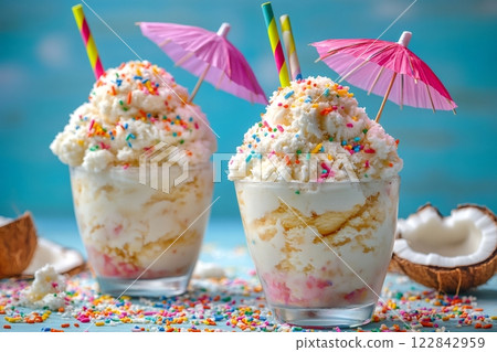 Two glasses of coconut ice cream with colorful sprinkles, paper umbrellas and straws, enjoying summer vibes 122842959