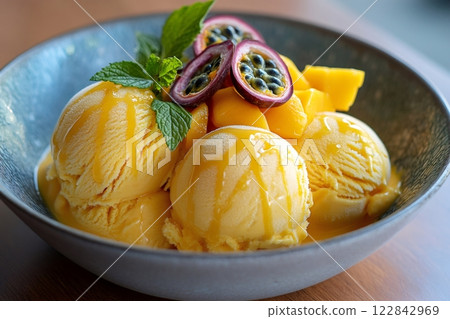 Delicious mango ice cream decorated with passion fruit and mint leaves 122842969