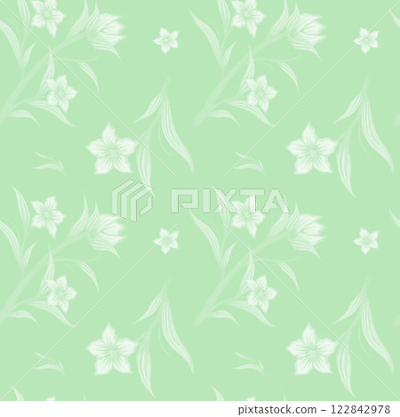 Elegant Spring Seamless Pattern with White Flowers & Botanical Leaves on Light Green Background Elegant Spring Seamless Pattern with White Flowers & Botanical Leaves on Light Green Background 122842978