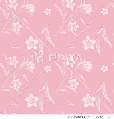 Elegant Spring Seamless Pattern with White Flowers & Botanical Leaves on Light Pink Background Elegant Spring Seamless Pattern with White Flowers & Botanical Leaves on Light Pink Background 122842979