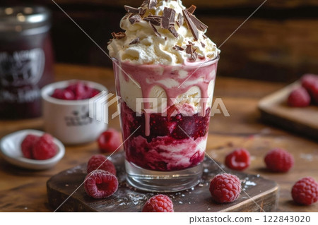 Delicious layered dessert with raspberries, ice cream, whipped cream and chocolate shavings 122843020