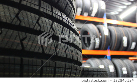 New Tires Warehouse Stock Photo. Rows Of Defocused Tires Stored On A Shelf With New Tires Stack On Foreground New Tires Warehouse Stock Photo. Rows Of Defocused Tires Stored On A Shelf With New Tires Stack On Foreground 122843154