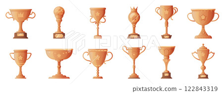 Variety of bronze trophies featuring elegant shapes and details. Variety of bronze trophies featuring elegant shapes and details. 122843319