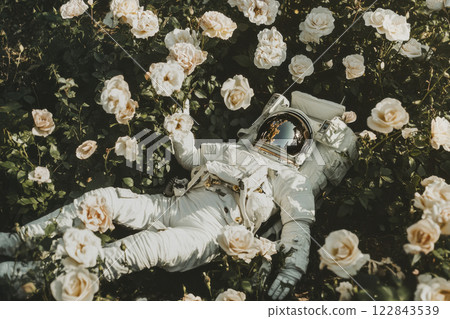 Astronaut relaxing in lush garden of blooming white roses during daytime in nature with space suit and helmet reflecting sunlight 122843539