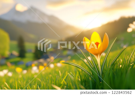 Yellow flower growing on mountainside on sunny day, with copy space 122843562
