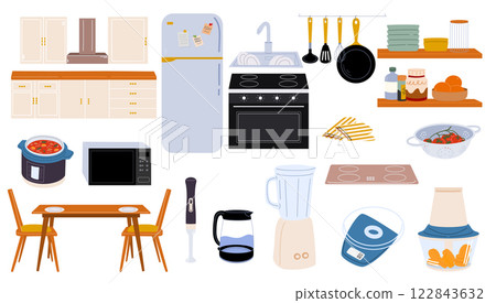 Kitchen elements. Kitchen appliances, refrigerator, dish shelf, countertop, dining table, sink, shelves, stove, 122843632