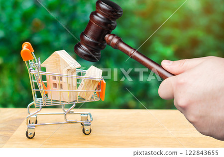 \Wooden houses in supermarket trolley and the judge's hammer. Real estate court decisions. Property inheritance litigation. Establishment of ownership. Probate 122843655