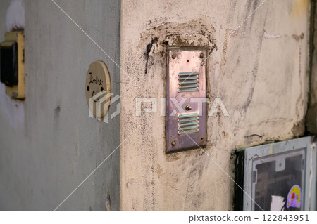 This is a detailed close up of a door featuring a doorbell on it 122843951