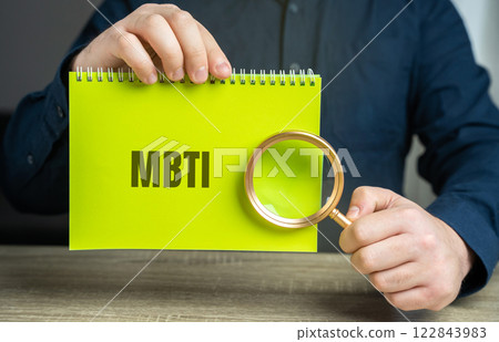 MBTI concept. Myers Briggs Type Indicator - personality assessment tool that categorizes individuals into 16 personality types based on preferences in four areas. Notes in hands and a magnifying glass 122843983