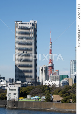 Sumida River and Tokyo Tower seen between the buildings Sumida River and Tokyo Tower seen between the buildings 122844175