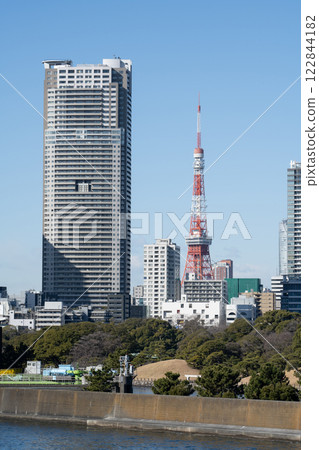 Sumida River and Tokyo Tower seen between the buildings Sumida River and Tokyo Tower seen between the buildings 122844182