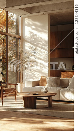 Sunlit living room with modern decor and autumn views in a cozy home setting 122844516