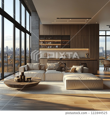 Modern spacious living room with large windows showcasing city skyline during sunset 122844525