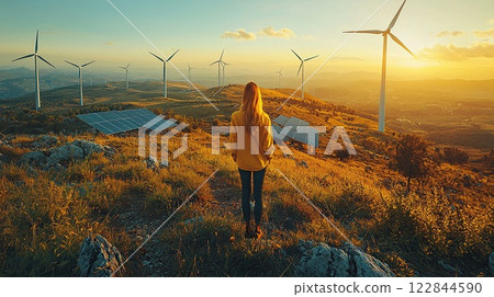 A woman contemplates a future powered by wind and solar energy amidst a scenic sunset. 122844590