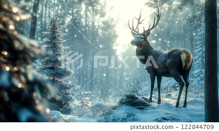 Strong male noble deer in winter snowy forest, wood. Artistic winter Christmas landscape. Cinematic wildlife photo shoot in wintertime cold season. This is AI-generated item 122844709