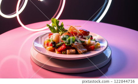 Plate with Pan-Asian food in neon light 122844716