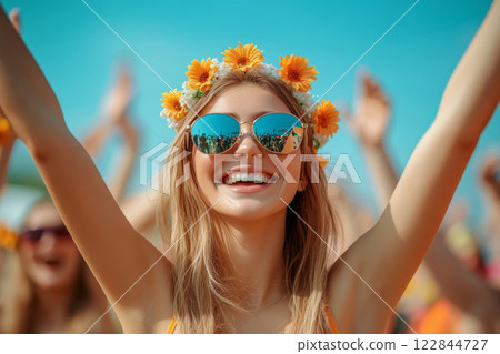 Smiling woman enjoying summer festival with friends 122844727