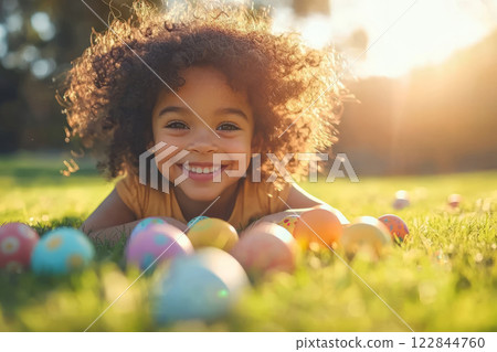 Smiling Girl Lying on Grass with Colorful Easter Eggs 122844760